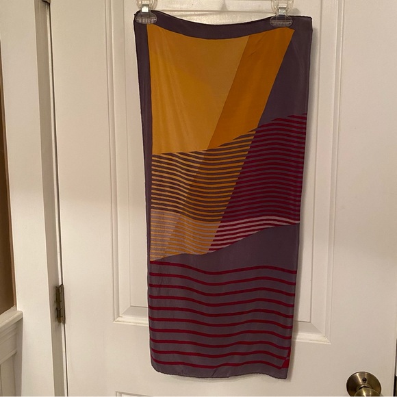 DIOR SCARF GRAY RED ORANGE SILK SQUARE LUXURY ACCESSORY STRIPES COLOR BLOCK - Picture 5 of 10